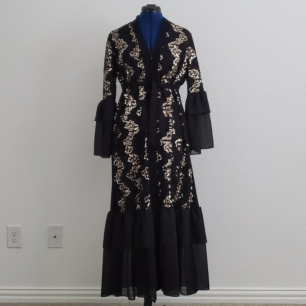 Black open robe sequin ruffle dress